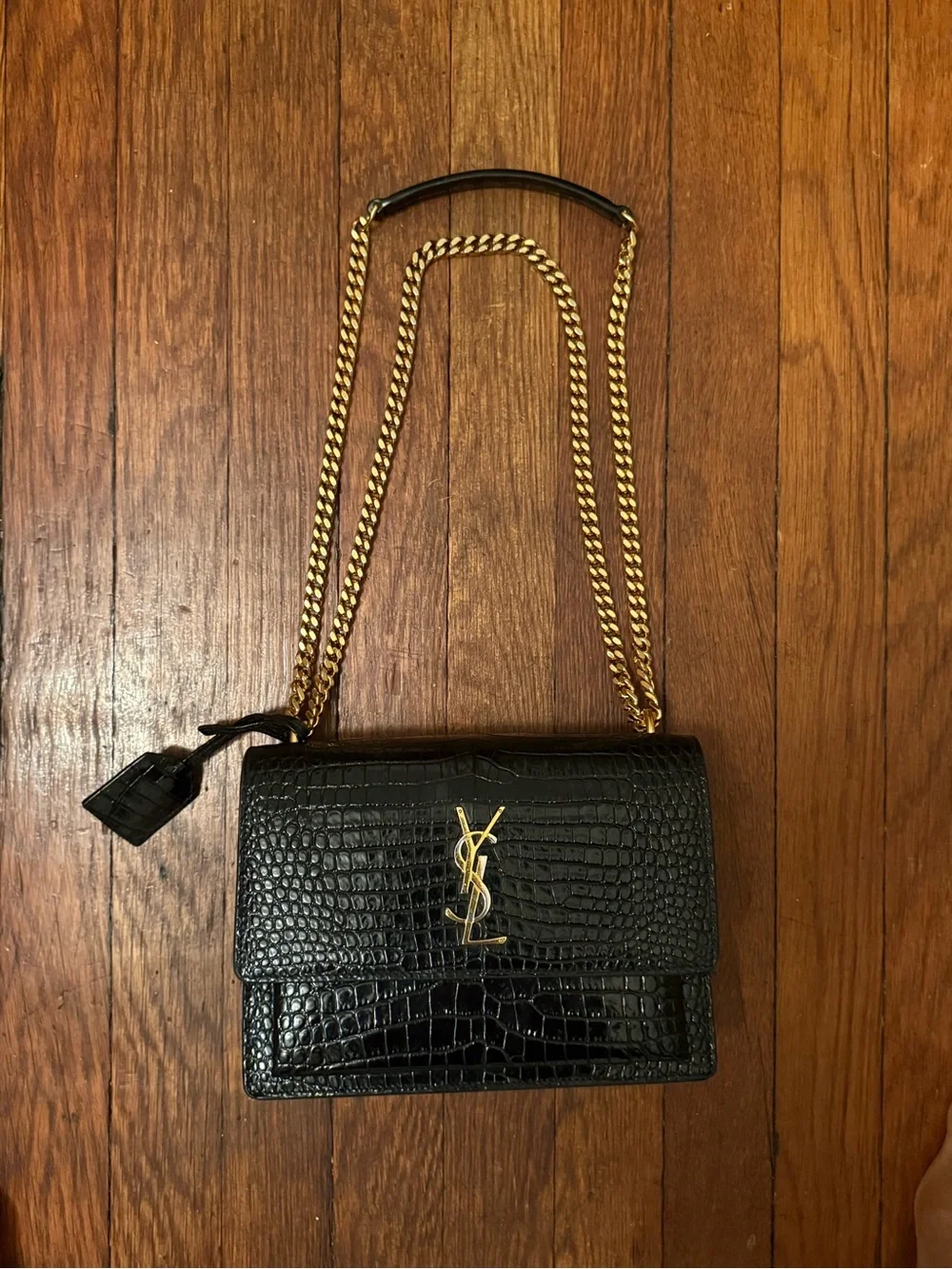 Saint Laurent Black Croc-Embossed YSL Monogram Chain Crossbody